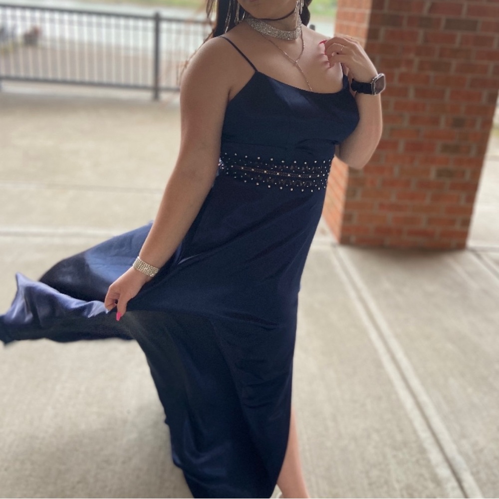 navy blue beaded waist a line prom dress